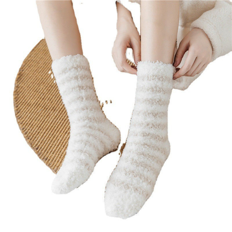 Sleeping Socks Home Women’s Coral Fleece Striped Mid-Calf Length Comfortable Socks