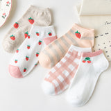 Cartoon Low-Cut Ankle Socks – Cute Bear & Strawberry Designs (5 Pairs)