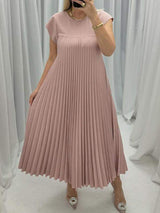 Women’s Pleated Long Summer Dress – Sleeveless Round Neck Maxi Dress