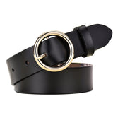 Round Buckle Leather Belt – Classic Cowhide Waistband for Women