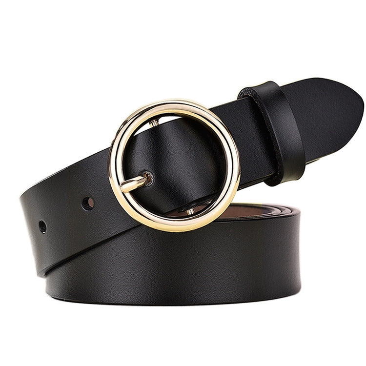 Round Buckle Leather Belt – Classic Cowhide Waistband for Women