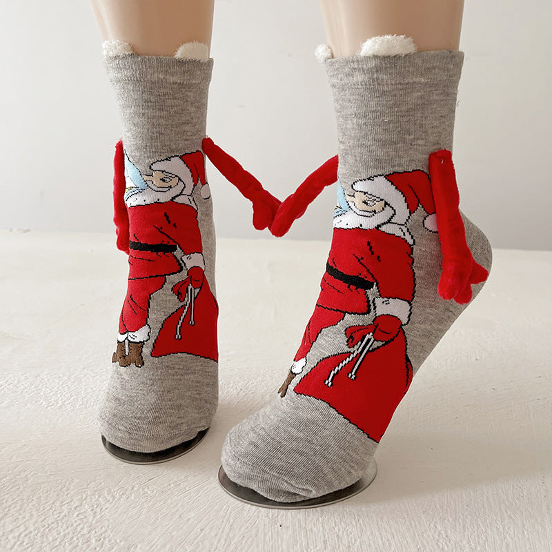 Christmas Magnetic Couple Socks – Cute Elk, Santa & Snowman Hand-Holding Design