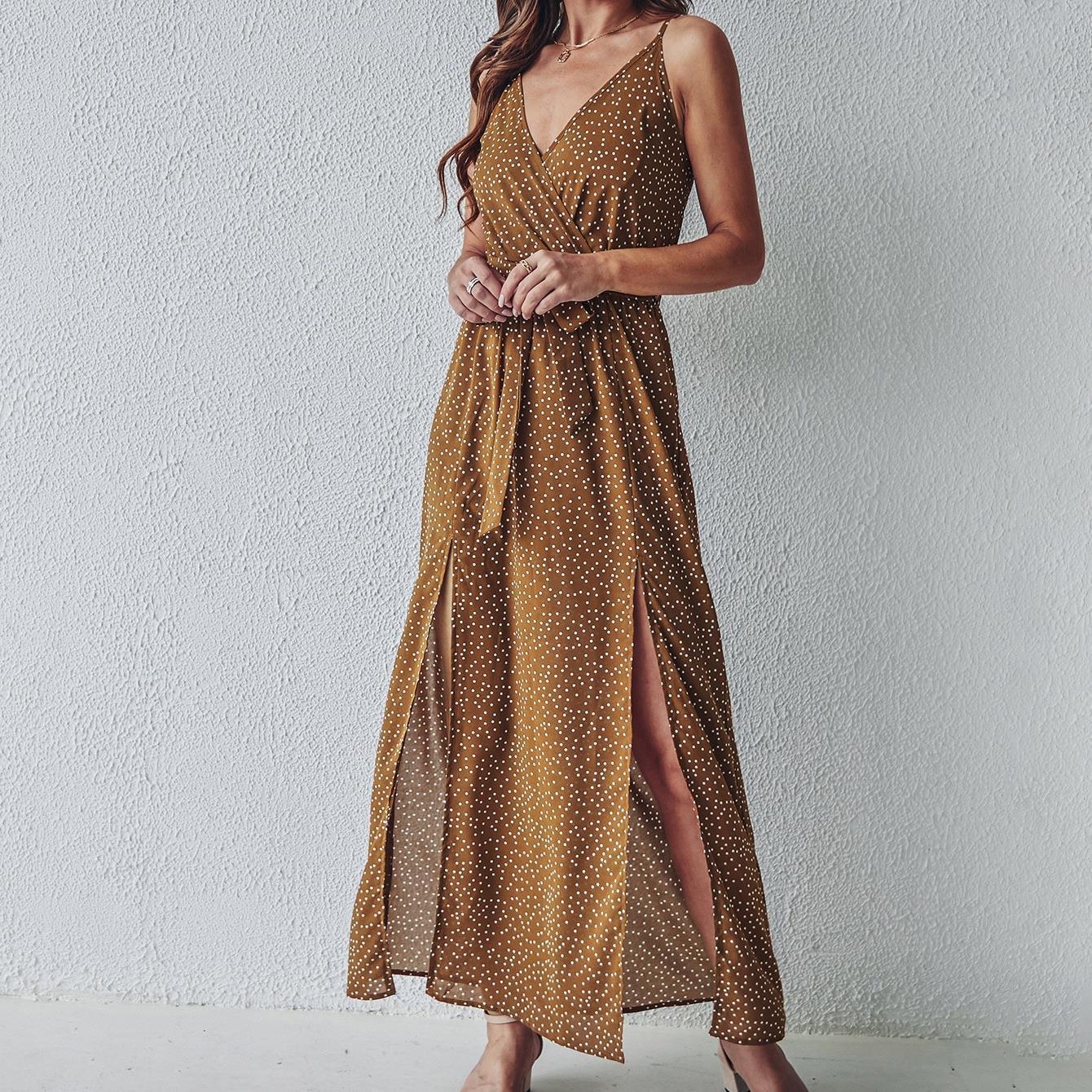 Floral V-Neck Suspender Maxi Dress – Lace-Up Summer Beach Long Dress