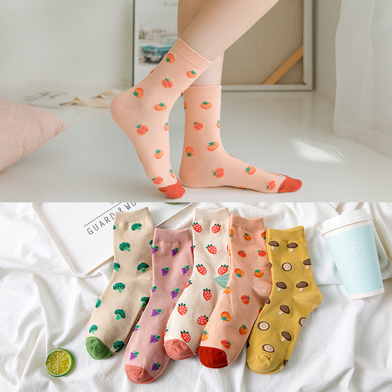 Japanese Retro Fruit & Veggie Crew Socks – Cute Pastoral Style