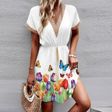 Printed Lace V-Neck Dress – Short Sleeve Tight Waist Swing Dress