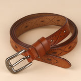 Vintage Hollow Leather Belt – Two-Layer Cowhide with Copper Buckle