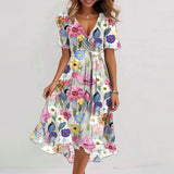 Flowers Printed V-neck Dress Summer A-line Short-sleeved Dresses For Women