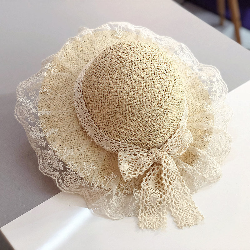 Girls’ Lace Straw Sun Hat – Wide Brim Breathable Summer Hat