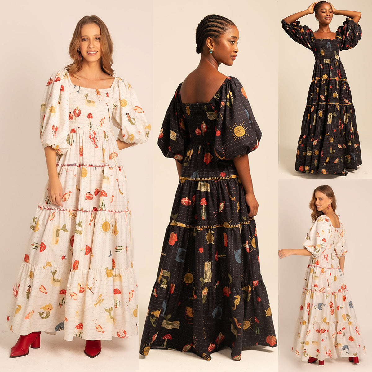 Boho Puff Sleeve Maxi Dress – Square Collar Printed Swing Long Dress