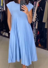 Women’s Pleated Long Summer Dress – Sleeveless Round Neck Maxi Dress