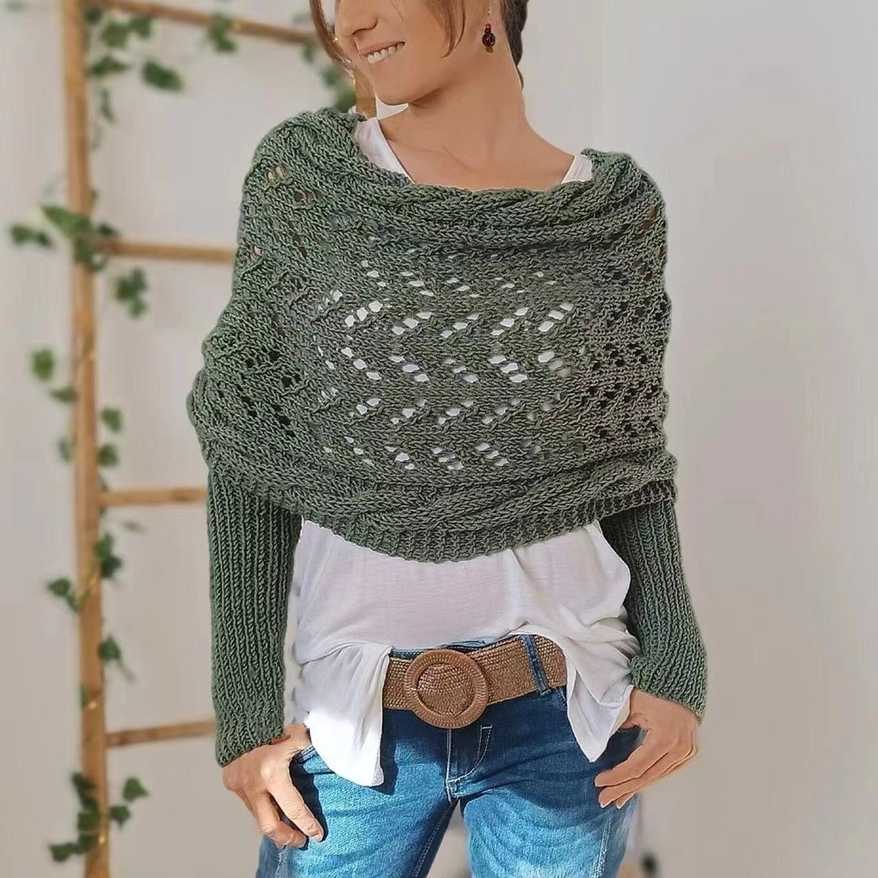 Knit Shawl Wrap – Cropped Cable Sleeve Scarf for Winter