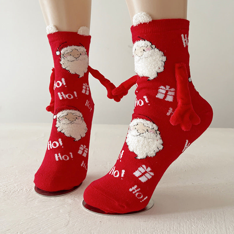 Christmas Magnetic Couple Socks – Cute Elk, Santa & Snowman Hand-Holding Design