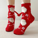 Christmas Magnetic Couple Socks – Cute Elk, Santa & Snowman Hand-Holding Design