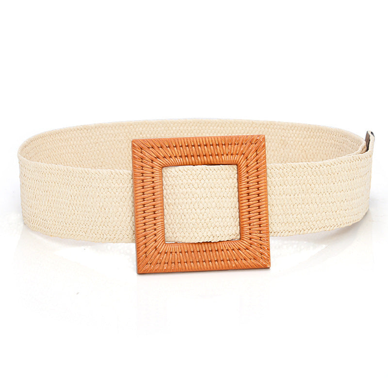 Boho Woven Waist Belt – Wide Linen-Inspired Belt with Round Buckle