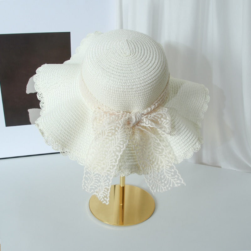 Women’s Lace Bow Straw Sun Hat – Wide Brim Summer Beach Hat