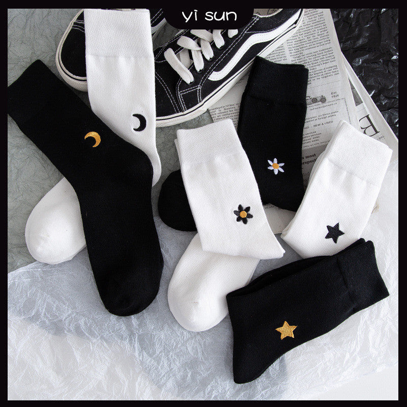 Stars & Moon Embroidered JK Socks – High-Top Cotton Tide Stockings