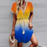 Printed Lace V-Neck Dress – Short Sleeve Tight Waist Swing Dress