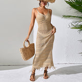 Cutout Tassel Maxi Dress – Sleeveless Knitted V-Neck Sling Beach Dress