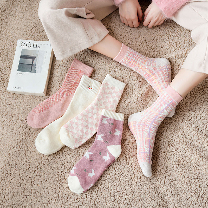 Women’s Sweet Lady Terry Mid-Calf Socks – Cute Jacquard Casual