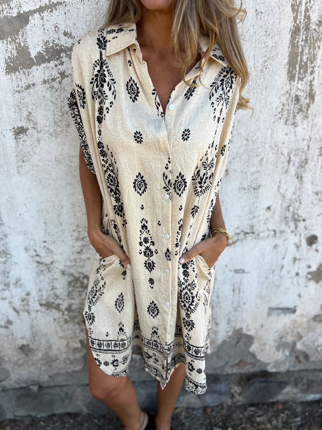 Ethnic Print Lapel Shirt Dress – Sleeveless Button-Up Beach Dress