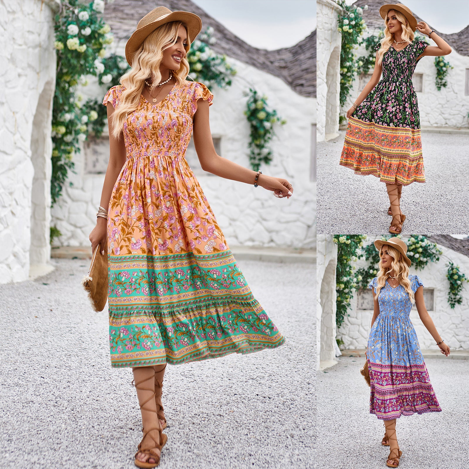 Women’s Summer Bohemian Floral Print V-Neck Dress – Casual Sleeveless Beach Dress