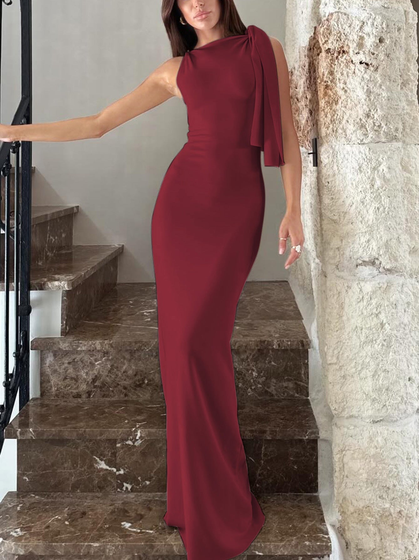 One-Shoulder Ribbon Maxi Dress – Slim Sleeveless Evening Party Dress