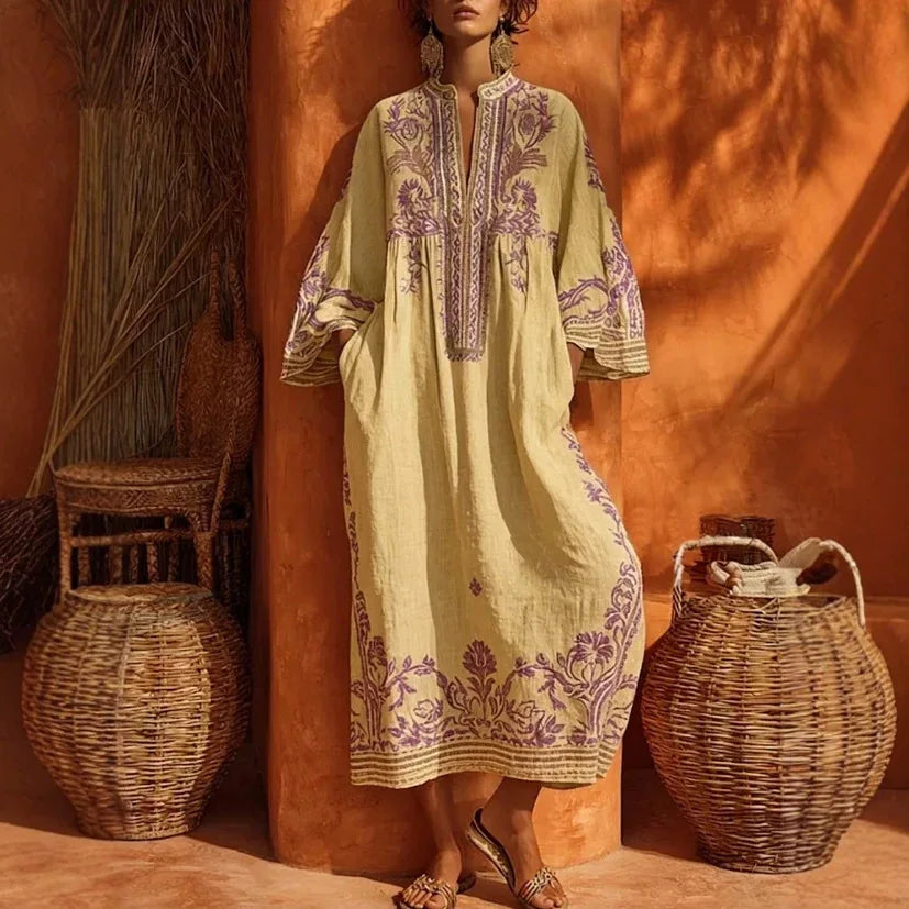 Paisley Border Flared-Sleeve Kaftan Dress — yellow color
