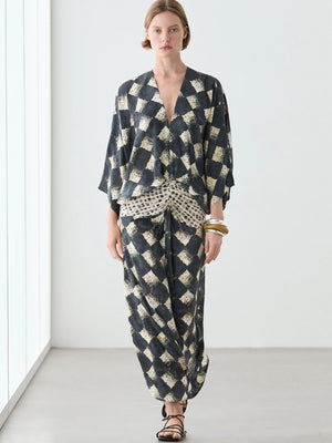 HIA diamond print twist-front dress — full front view