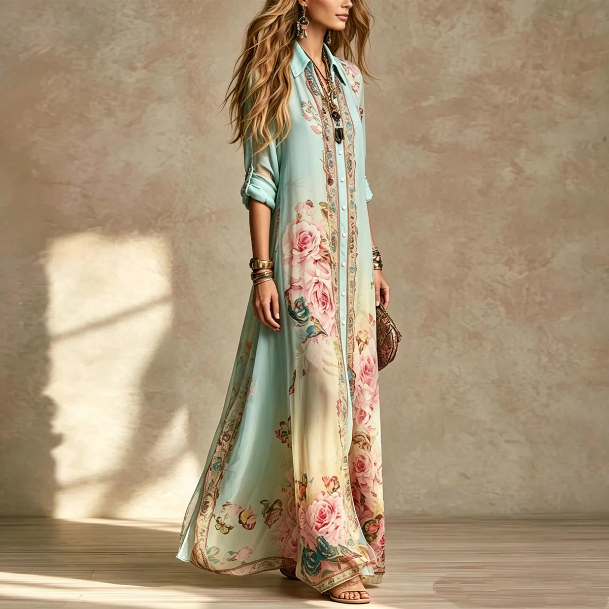 HIA mint rose and butterfly print shirt dress — side view