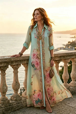HIA mint rose and butterfly print shirt dress — outdoor styling view