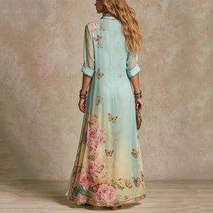 HIA mint rose and butterfly print shirt dress — back view