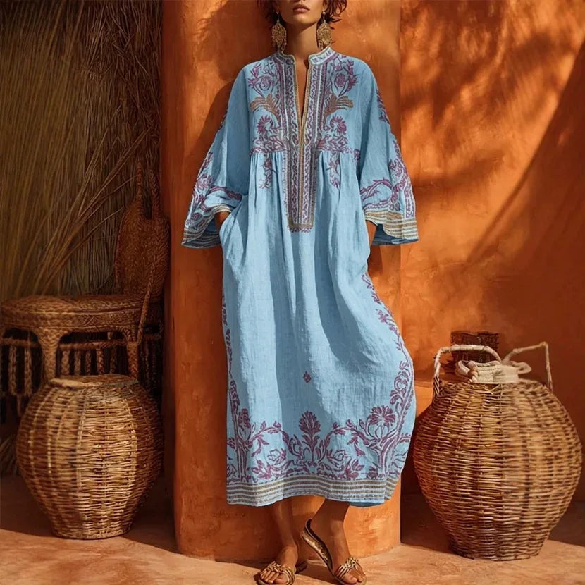 Paisley Border Flared-Sleeve Kaftan Dress — actual green garment on mannequin