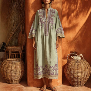 Paisley Border Flared-Sleeve Kaftan Dress — paisley borders and sleeve detail