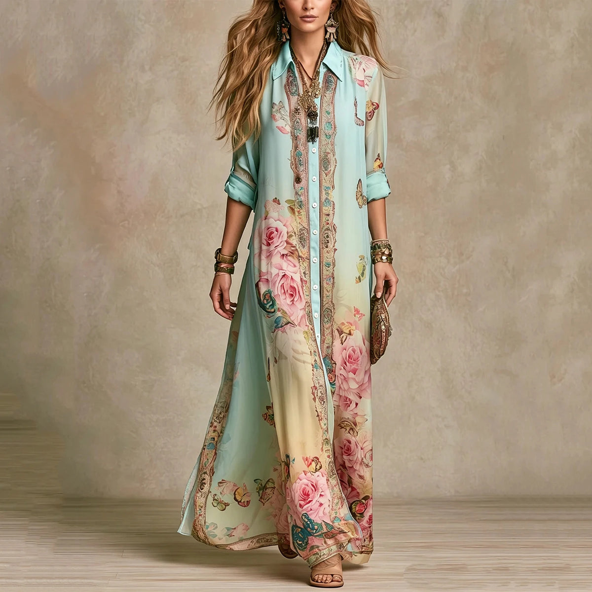 HIA mint rose and butterfly print shirt dress — full front view