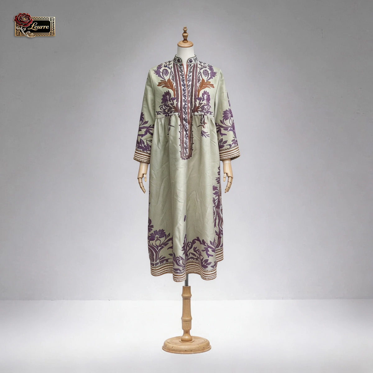 Paisley Border Flared-Sleeve Kaftan Dress — blue color