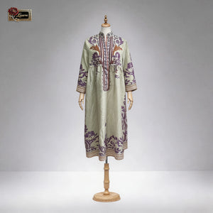 Paisley Border Flared-Sleeve Kaftan Dress — blue color