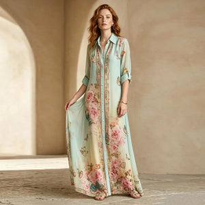 HIA mint rose and butterfly print shirt dress — alternate front view