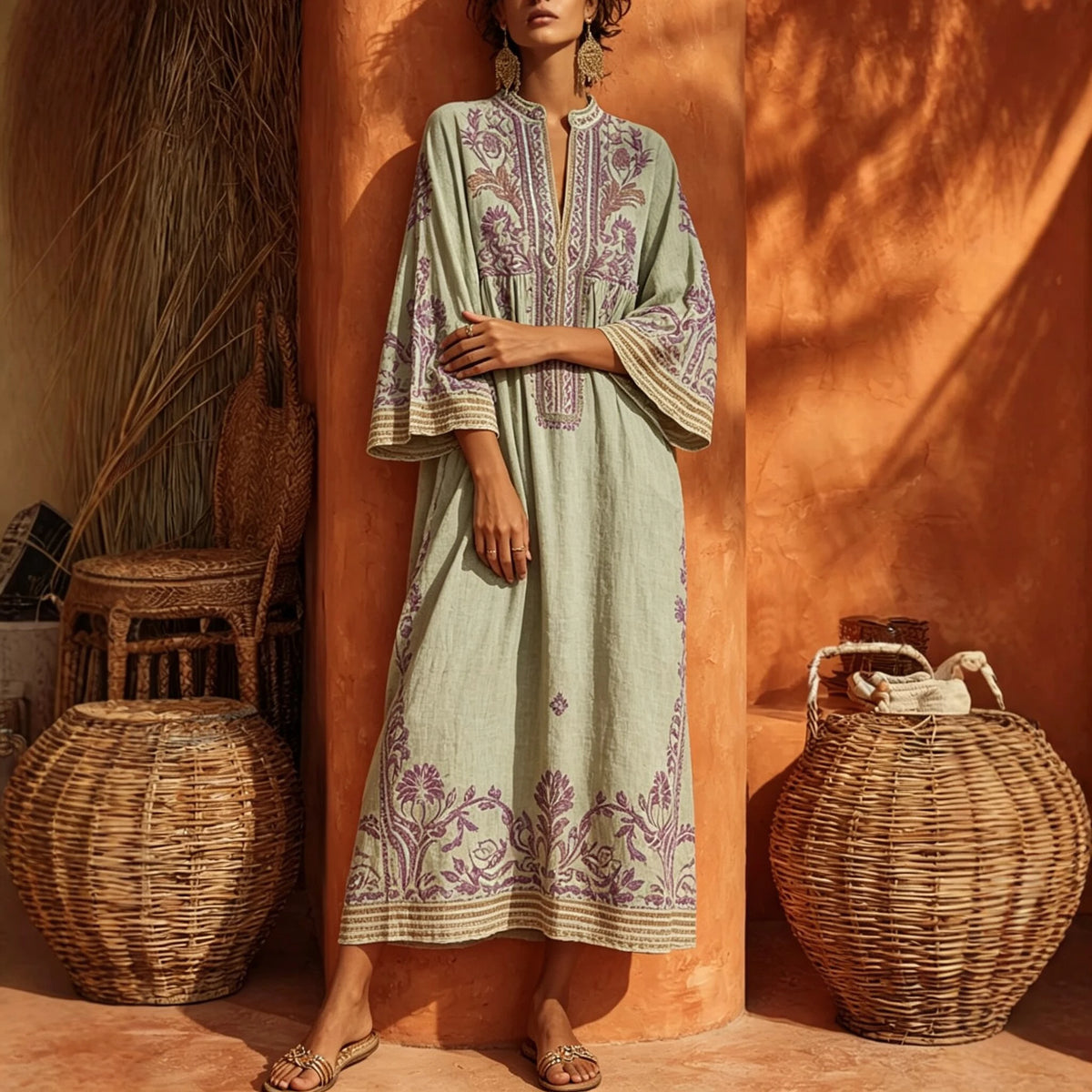 Paisley Border Flared-Sleeve Kaftan Dress — green front styling