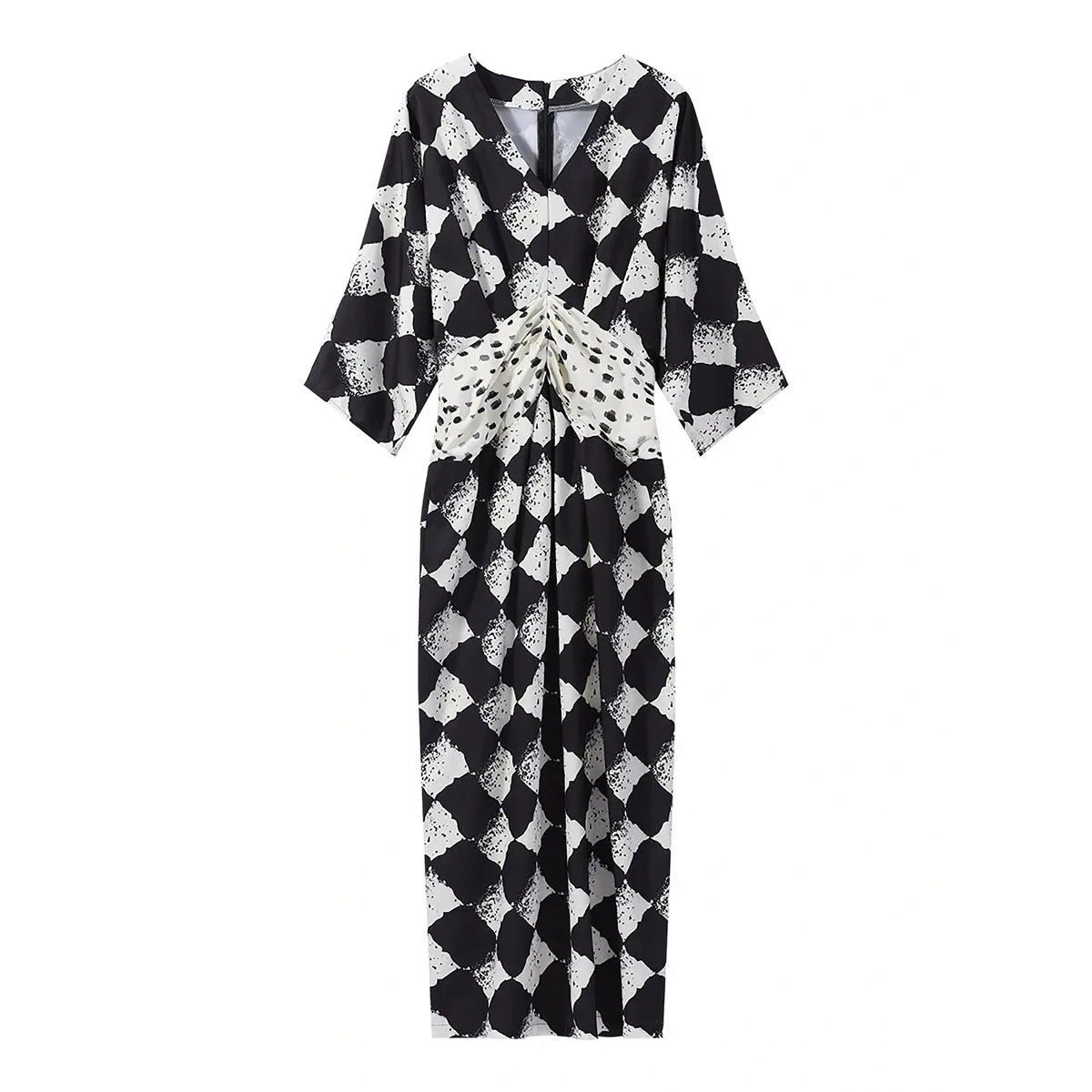 HIA diamond print twist-front dress — garment front detail