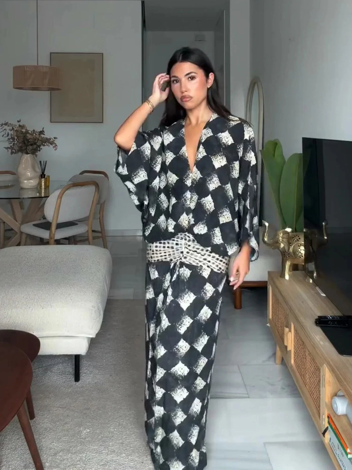 HIA diamond print twist-front dress — alternate front view