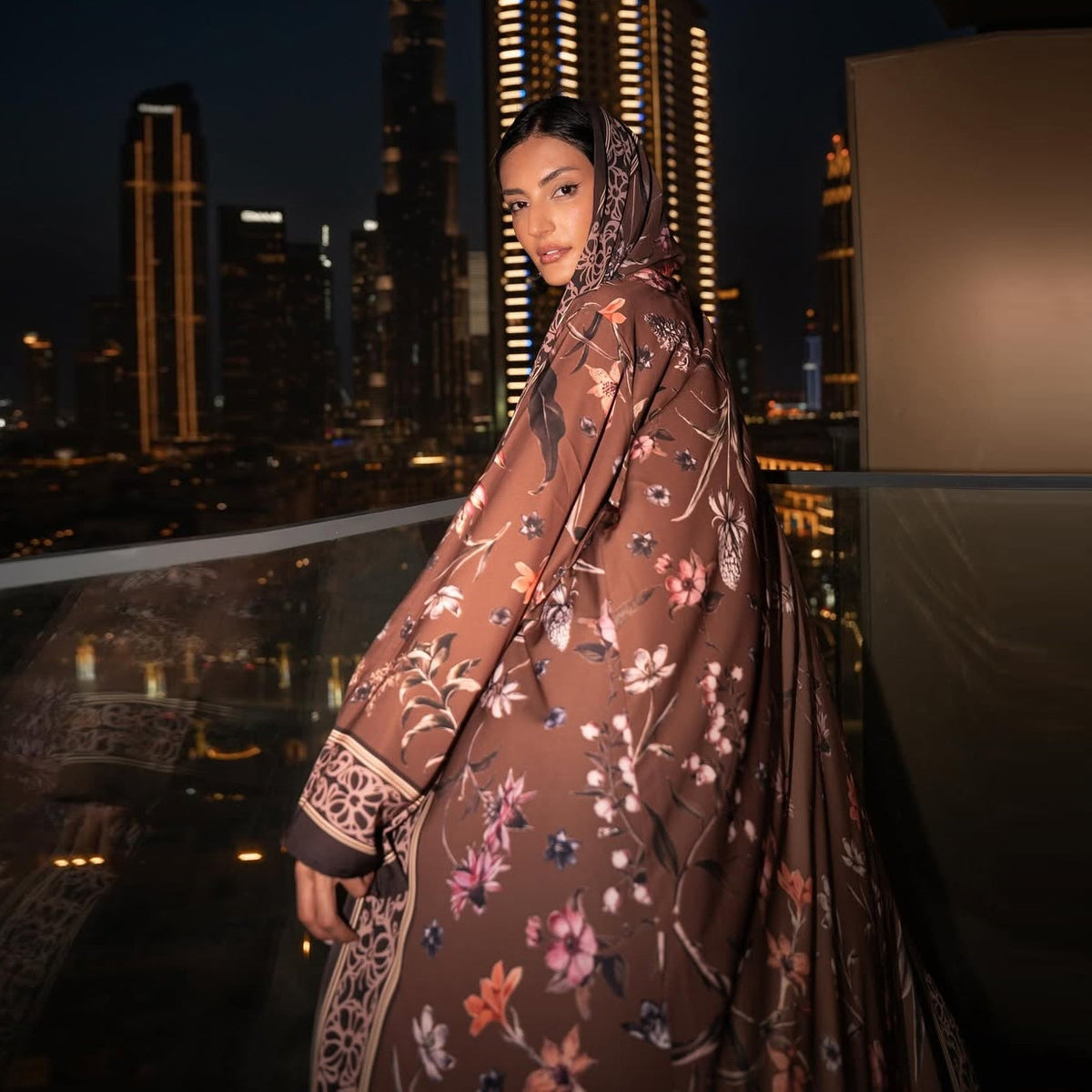 HIA Floral Border Open Abaya — Brown Floral, back and side view