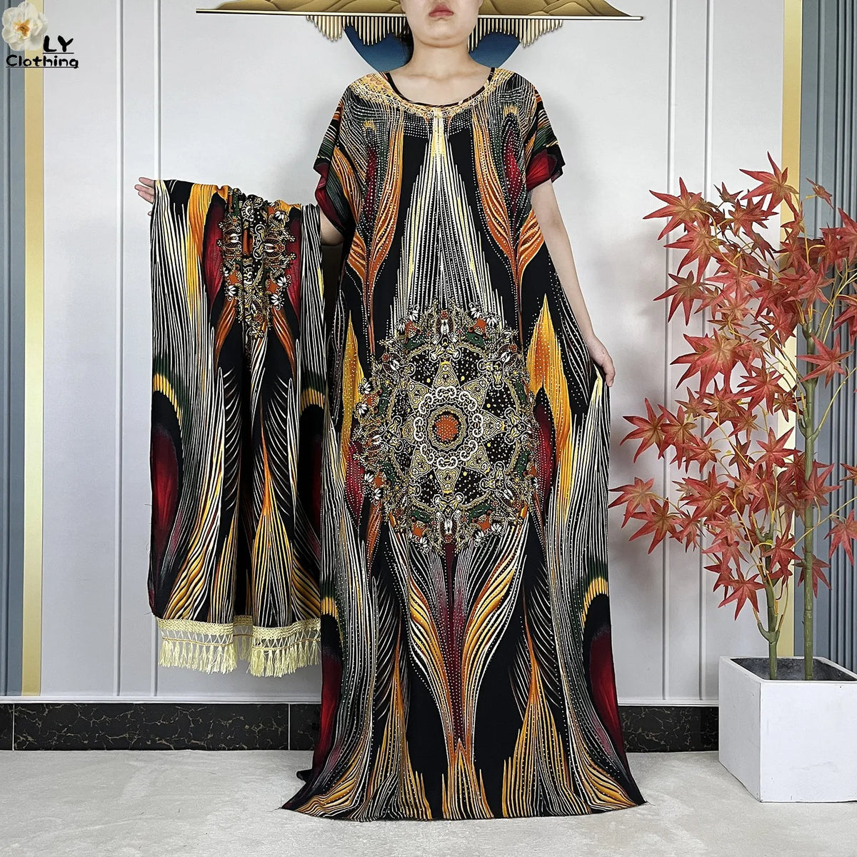 Multicolor Maxi Kaftan & Scarf Set — Gold Multicolor | HIA