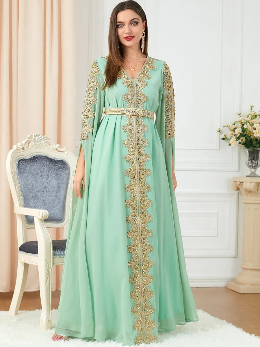 HIA Gilded Cape-Sleeve Occasion Dress — Light green front