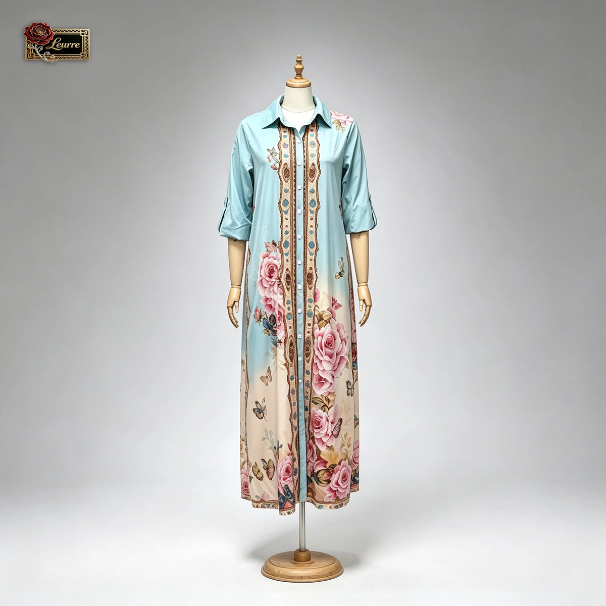 HIA mint rose and butterfly print shirt dress — mannequin front view