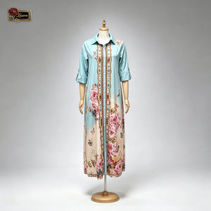 HIA mint rose and butterfly print shirt dress — mannequin front view