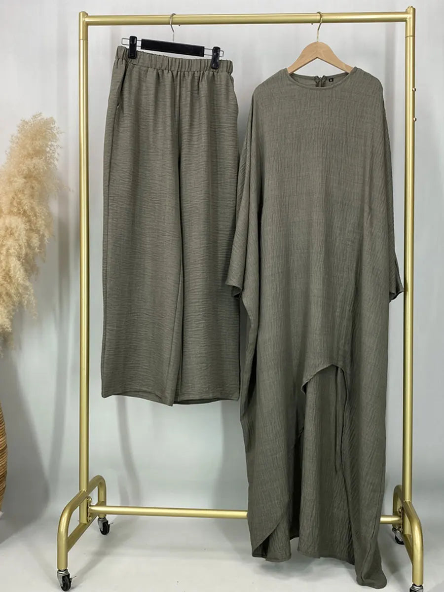 HIA Ruched Crinkle Tunic & Wide-Leg Trousers Set — outfit and fabric detail, view 9