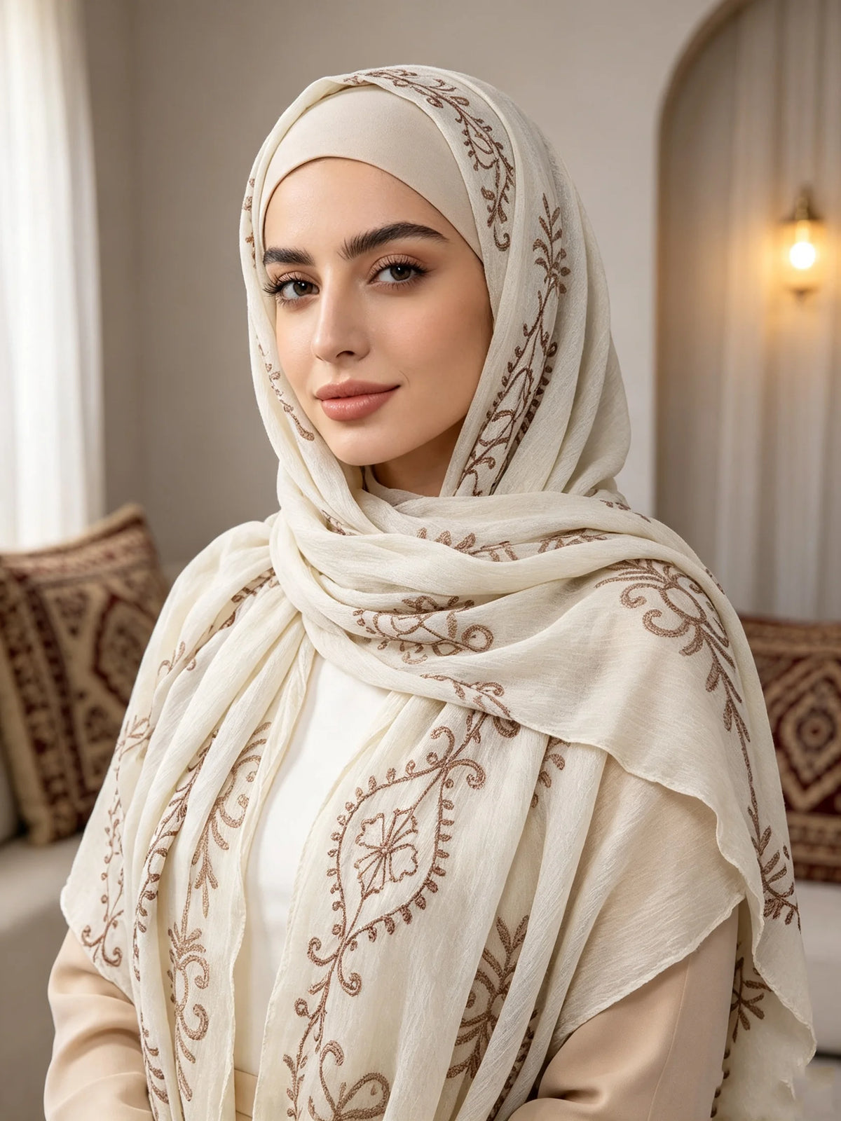 HIA Ornamental Crinkle Hijab — scarf styling and fabric detail, view 1