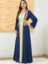 HIA Gilded Trim Abaya & Dress Set — Navy front and back
