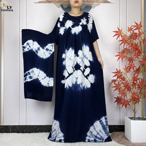 Navy & White botanical-print dress with coordinating scarf