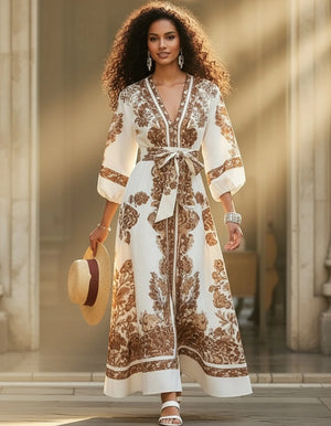HIA ivory and brown floral belted dress — styled walking view